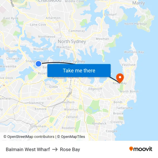 Balmain West Wharf to Rose Bay map