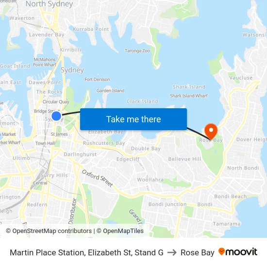 Martin Place Station, Elizabeth St, Stand G to Rose Bay map