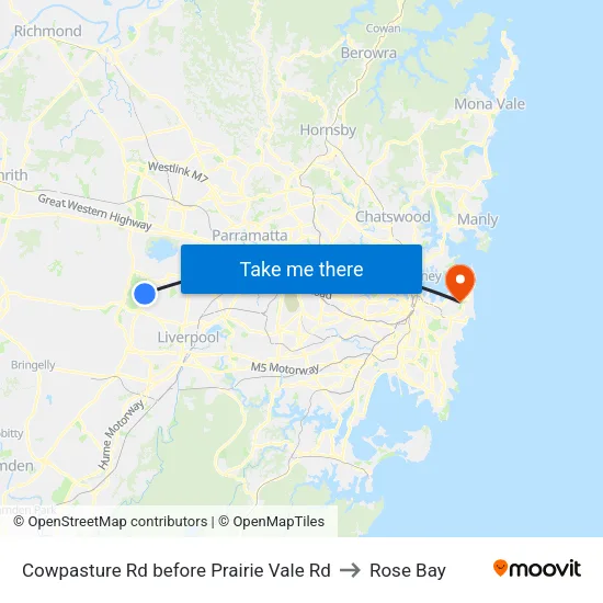 Cowpasture Rd before Prairie Vale Rd to Rose Bay map