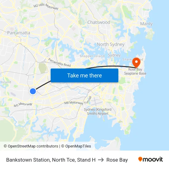 Bankstown Station, North Tce, Stand H to Rose Bay map