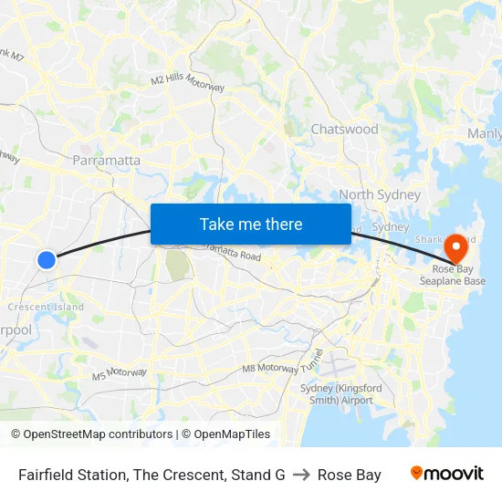 Fairfield Station, The Crescent, Stand G to Rose Bay map