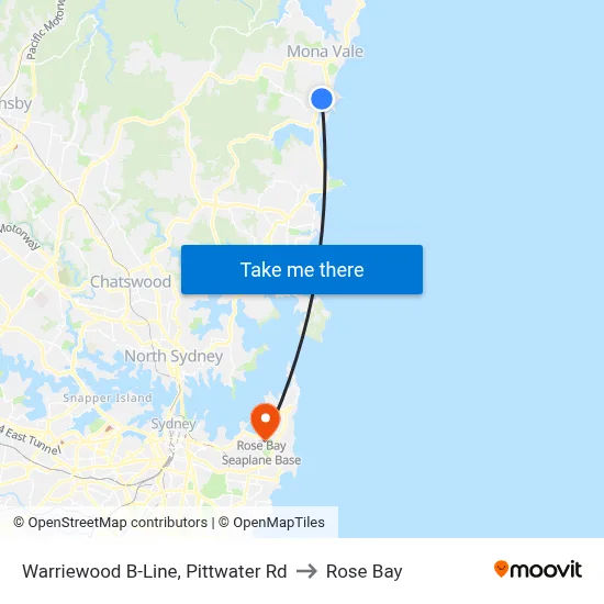 Warriewood B-Line, Pittwater Rd to Rose Bay map