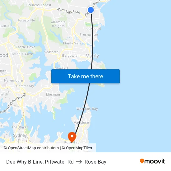 Dee Why B-Line, Pittwater Rd to Rose Bay map