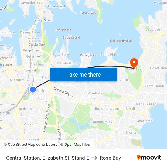 Central Station, Elizabeth St, Stand E to Rose Bay map