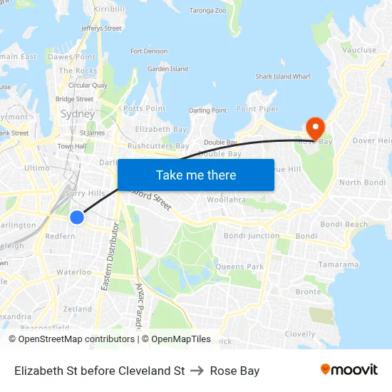 Elizabeth St before Cleveland St to Rose Bay map
