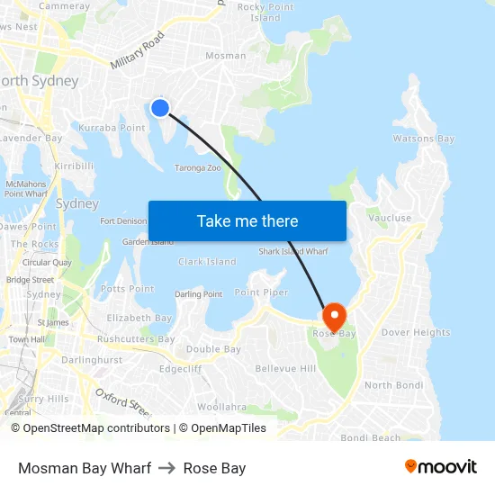 Mosman Bay Wharf to Rose Bay map