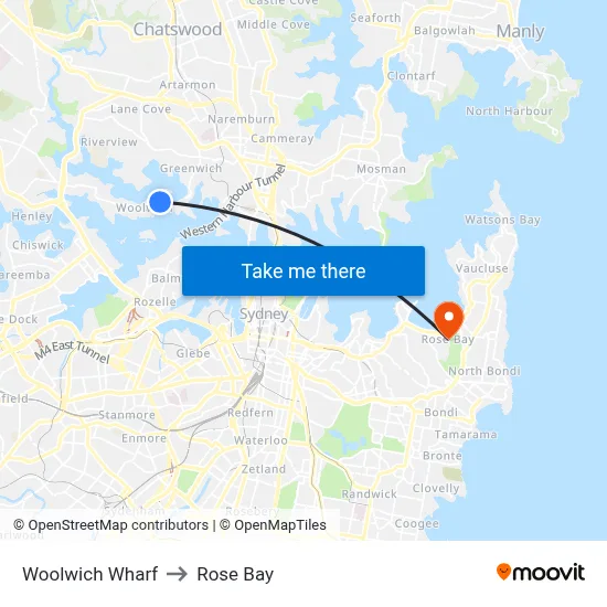 Woolwich Wharf to Rose Bay map
