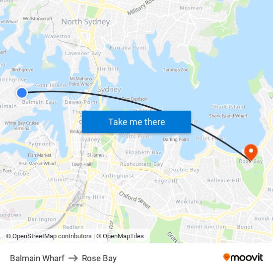 Balmain Wharf to Rose Bay map