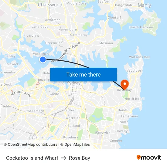 Cockatoo Island Wharf to Rose Bay map