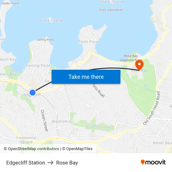 Edgecliff Station to Rose Bay map