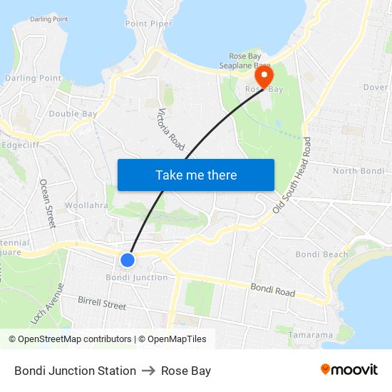 Bondi Junction Station to Rose Bay map
