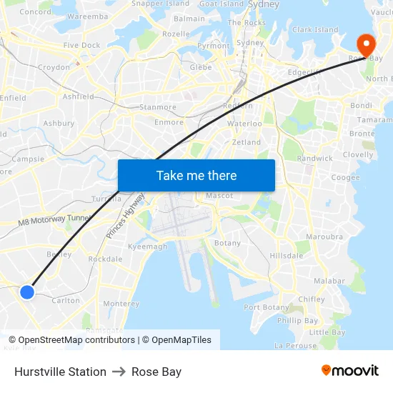 Hurstville Station to Rose Bay map