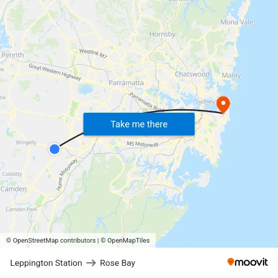 Leppington Station to Rose Bay map