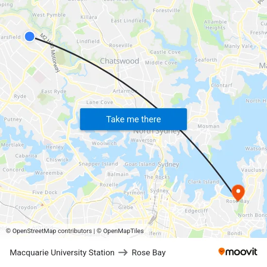 Macquarie University Station to Rose Bay map