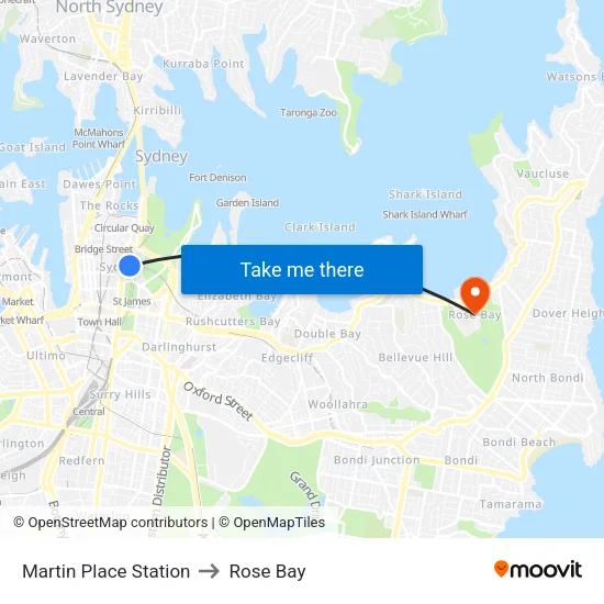 Martin Place Station to Rose Bay map
