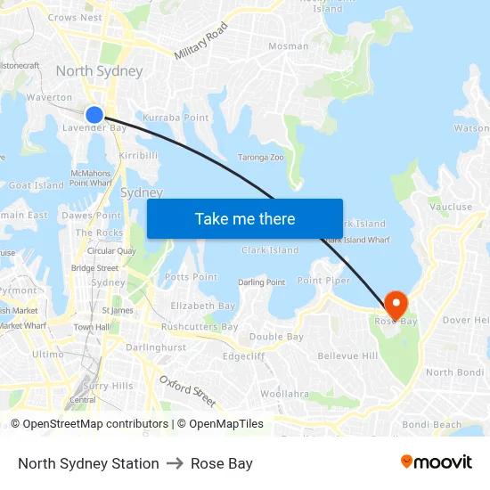 North Sydney Station to Rose Bay map