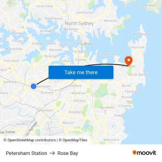 Petersham Station to Rose Bay map