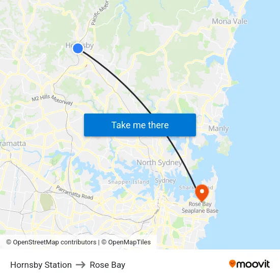 Hornsby Station to Rose Bay map