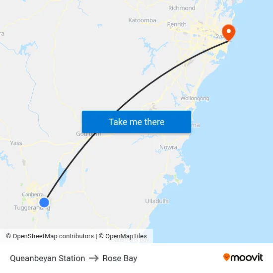 Queanbeyan Station to Rose Bay map
