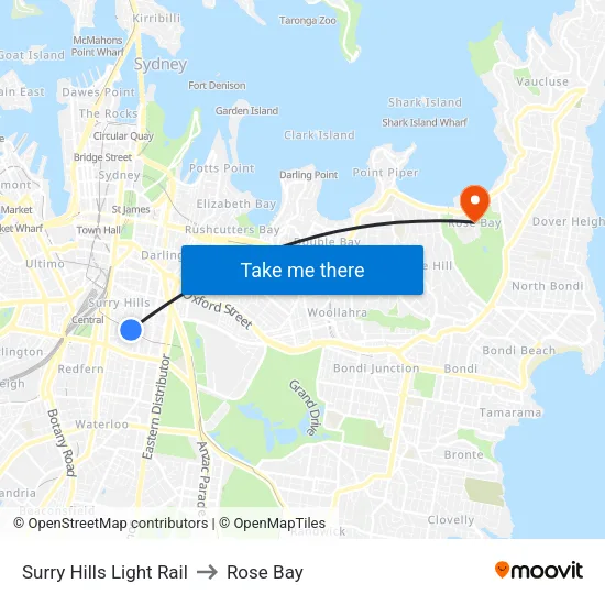 Surry Hills Light Rail to Rose Bay map