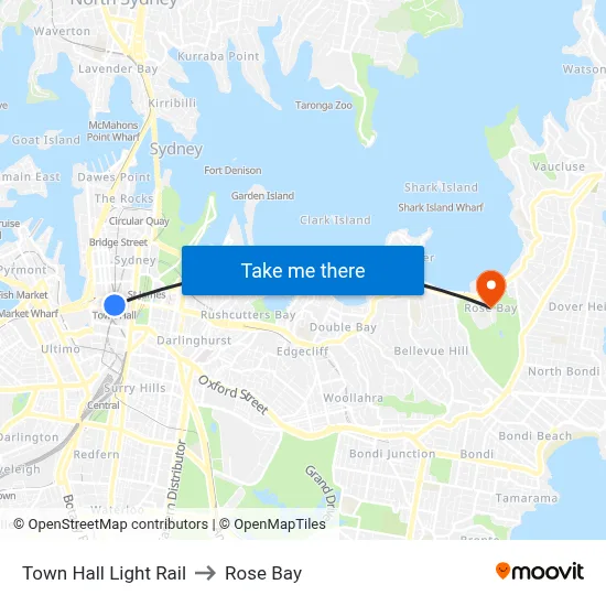 Town Hall Light Rail to Rose Bay map