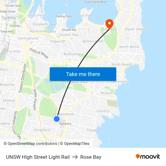 UNSW High Street Light Rail to Rose Bay map