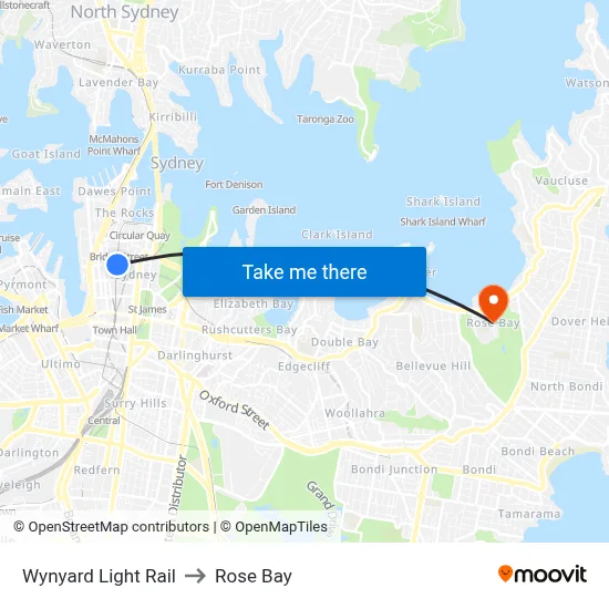 Wynyard Light Rail to Rose Bay map