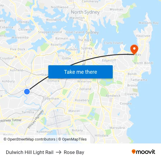 Dulwich Hill Light Rail to Rose Bay map