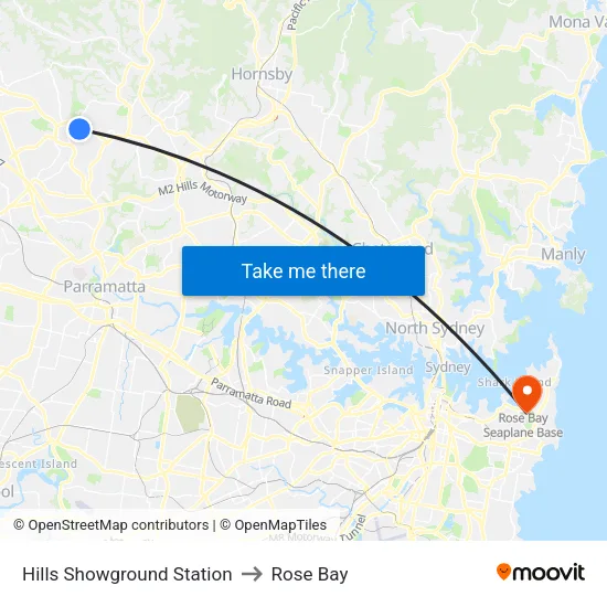 Hills Showground Station to Rose Bay map