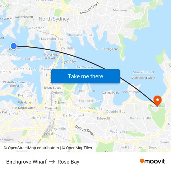 Birchgrove Wharf to Rose Bay map