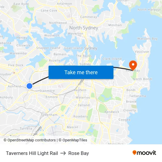 Taverners Hill Light Rail to Rose Bay map