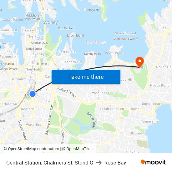 Central Station, Chalmers St, Stand G to Rose Bay map