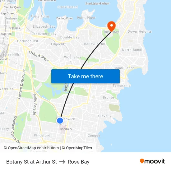 Botany St at Arthur St to Rose Bay map