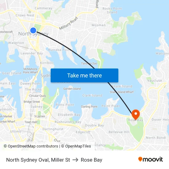 North Sydney Oval, Miller St to Rose Bay map