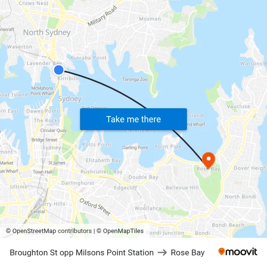 Broughton St opp Milsons Point Station to Rose Bay map
