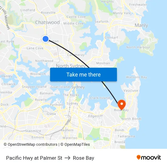 Pacific Hwy at Palmer St to Rose Bay map