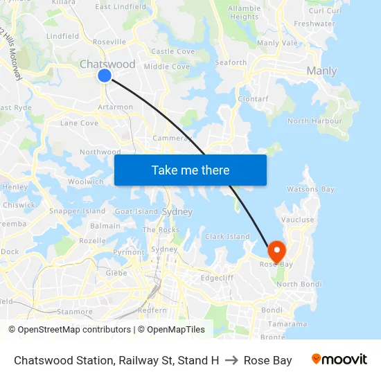 Chatswood Station, Railway St, Stand H to Rose Bay map