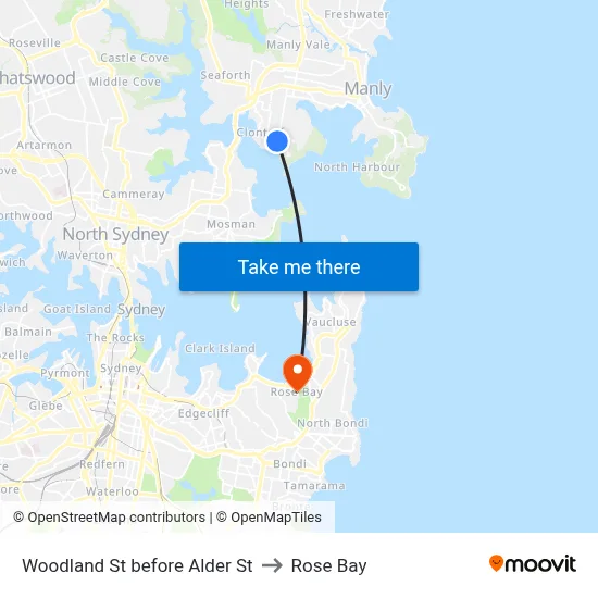 Woodland St before Alder St to Rose Bay map