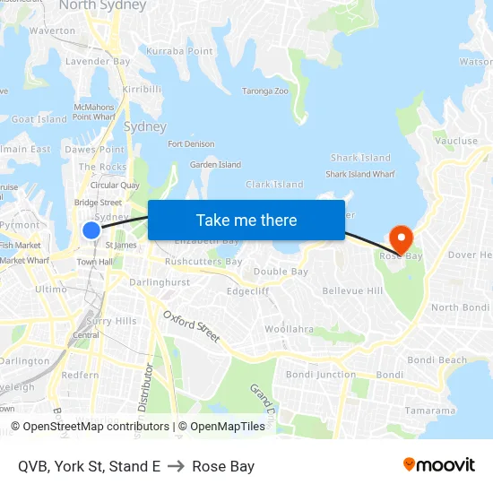 QVB, York St, Stand E to Rose Bay map