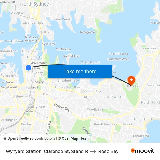 Wynyard Station, Clarence St, Stand R to Rose Bay map