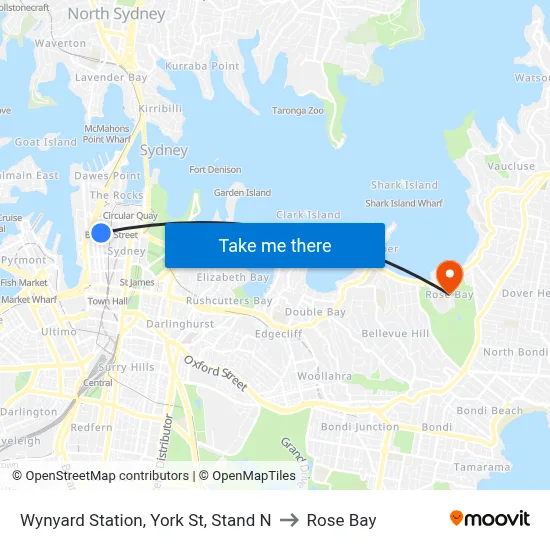 Wynyard Station, York St, Stand N to Rose Bay map
