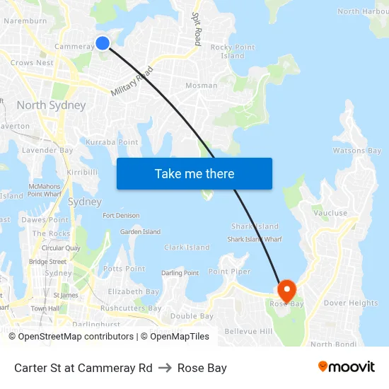 Carter St at Cammeray Rd to Rose Bay map