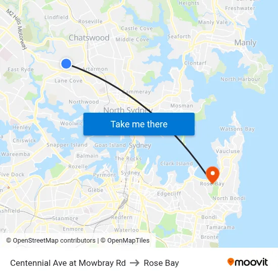 Centennial Ave at Mowbray Rd to Rose Bay map