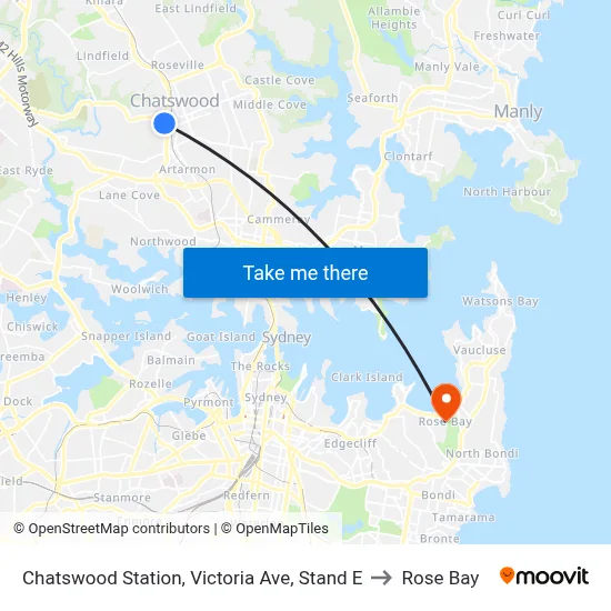 Chatswood Station, Victoria Ave, Stand E to Rose Bay map
