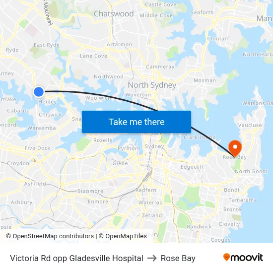 Victoria Rd opp Gladesville Hospital to Rose Bay map