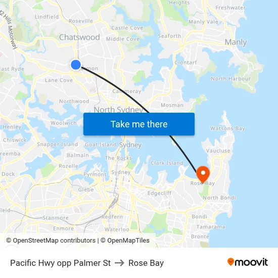 Pacific Hwy opp Palmer St to Rose Bay map