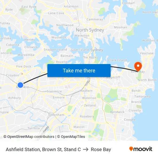 Ashfield Station, Brown St, Stand C to Rose Bay map