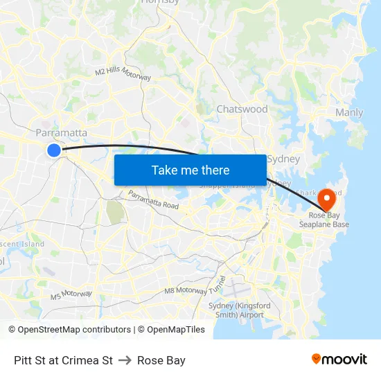 Pitt St at Crimea St to Rose Bay map