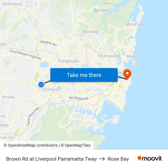 Brown Rd at Liverpool Parramatta Tway to Rose Bay map