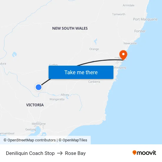 Deniliquin Coach Stop to Rose Bay map